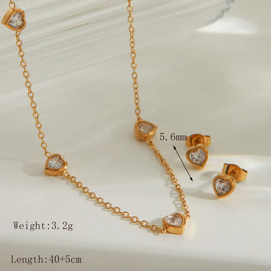Heart Shape Solid Color 304 Stainless Steel Zircon 18K Gold Plated Bracelets Jewelry Set - Earring and Necklace