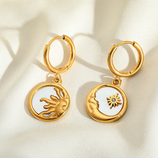 Sun Star Moon Plating Inlay 304 Stainless Steel Zircon 18K Gold Plated Drop Earrings