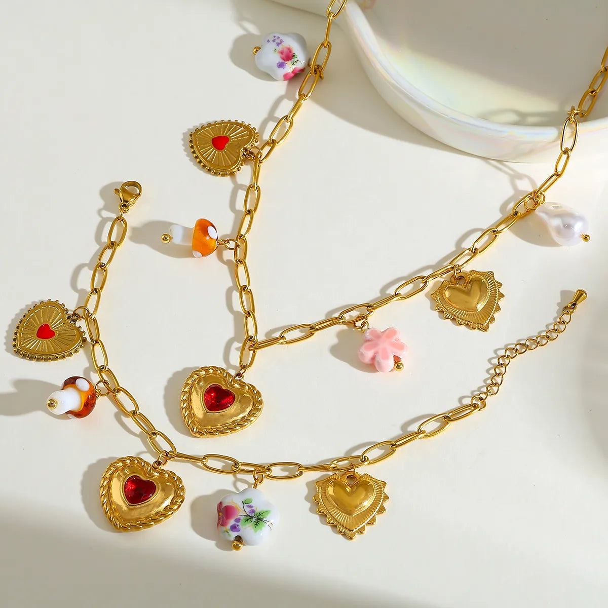 Heart Mushroom Flower 18K Gold Plated Stainless Steel Zirconia Necklace Bracelet Set