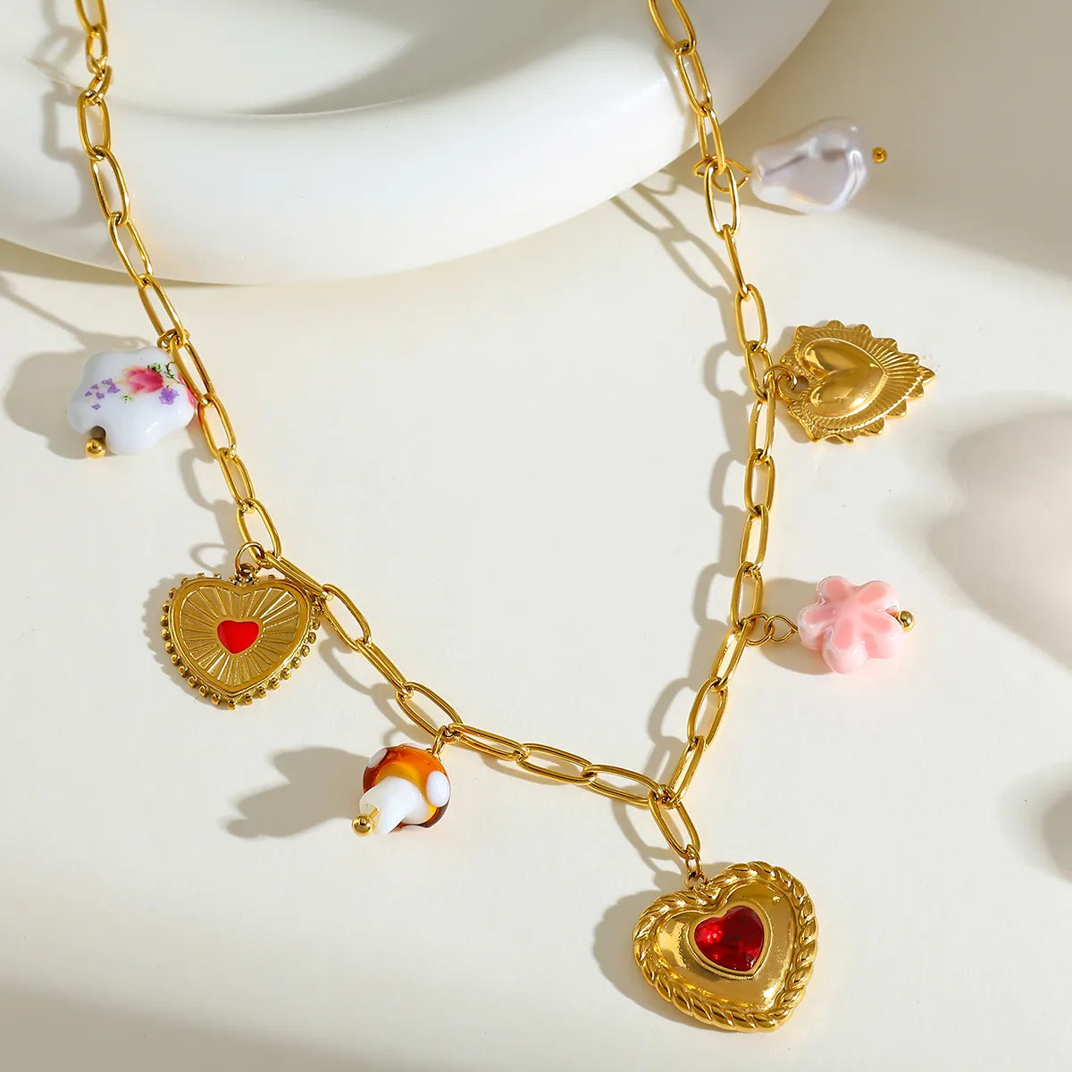 Heart Mushroom Flower 18K Gold Plated Stainless Steel Zirconia Necklace Bracelet Set