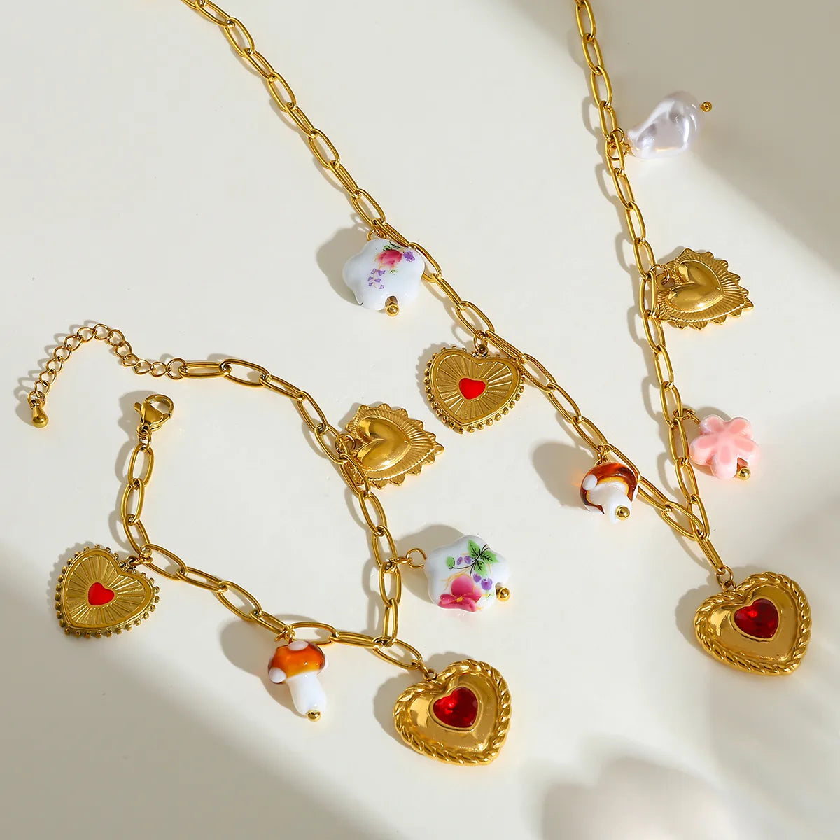 Heart Mushroom Flower 18K Gold Plated Stainless Steel Zirconia Necklace Bracelet Set