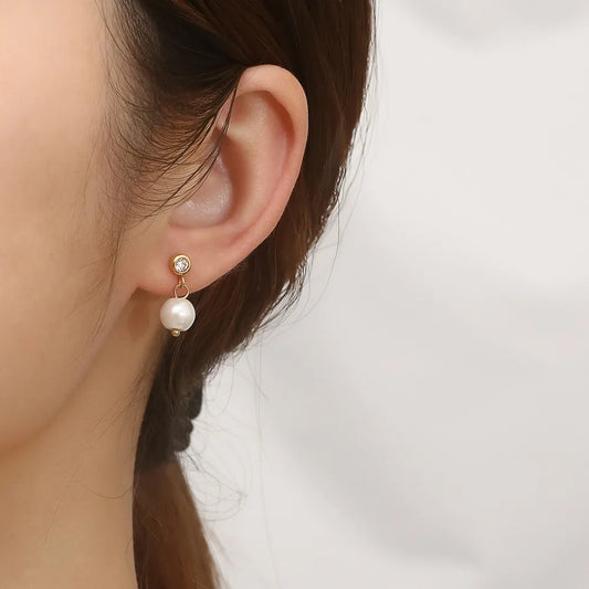 Diamond Stainless Steel Rhinestones Pearl 18K Gold Plated Drop Earrings