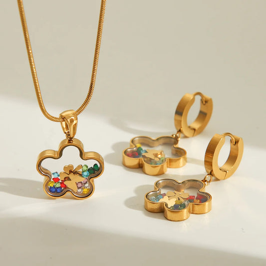 Flower Butterfly 304 Stainless Steel Zircon 18K Gold Plated Jewelry Set