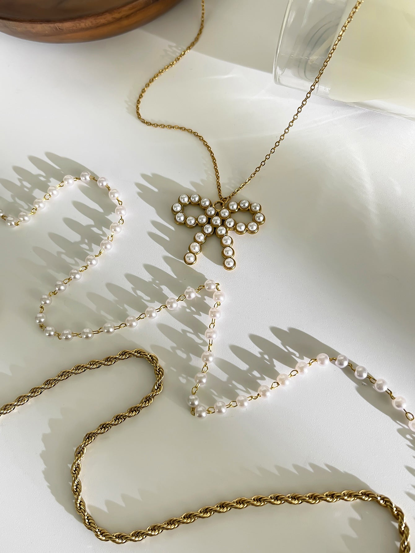 Pearly Bow Knot Styles 18K Gold Plated 316L Stainless Steel Necklace