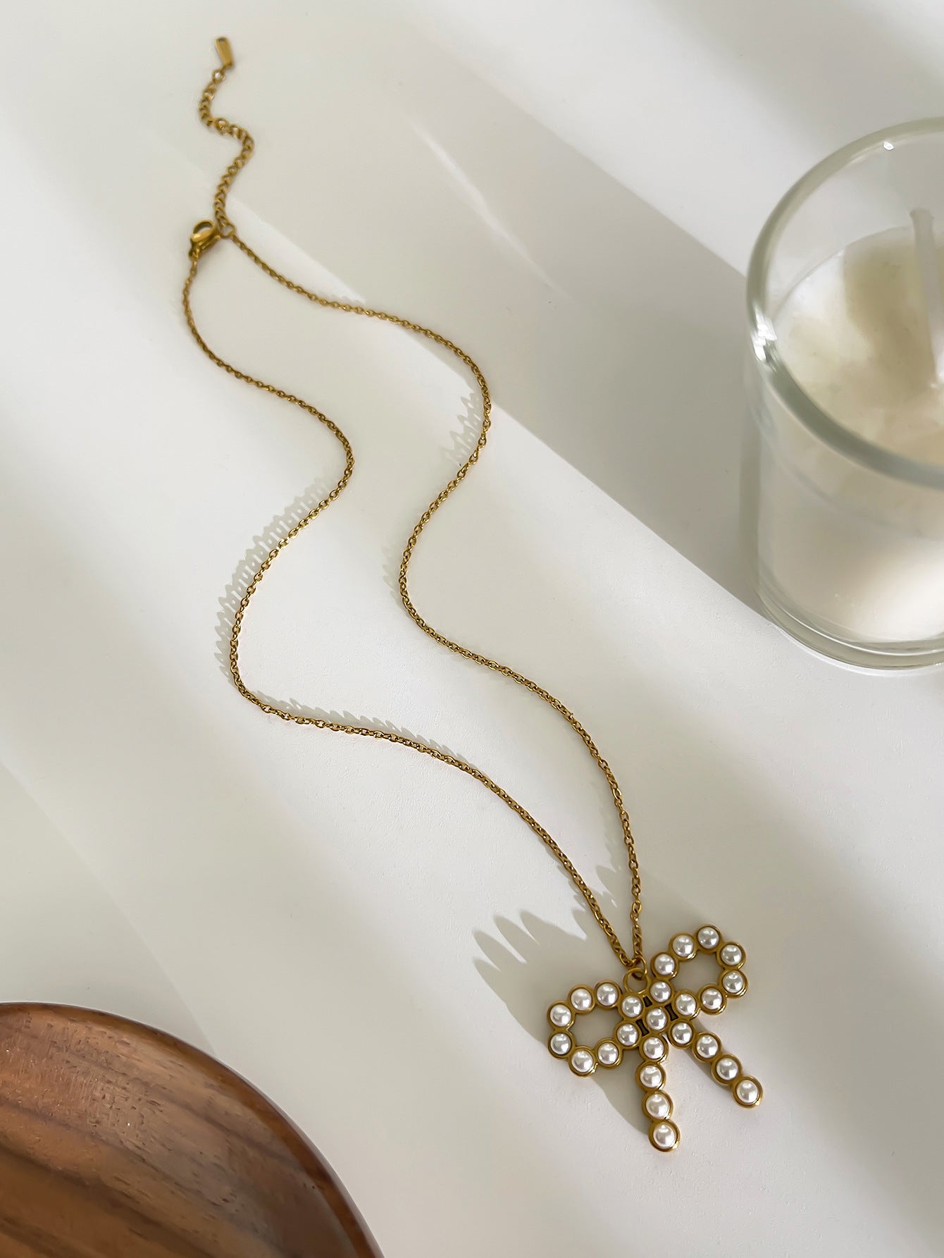 Pearly Bow Knot Styles 18K Gold Plated 316L Stainless Steel Necklace