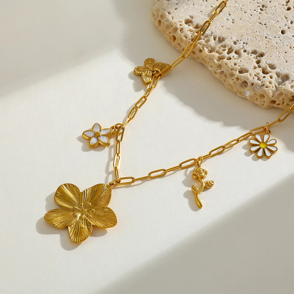 Butterfly Flower 18K Gold Plated Stainless Steel Butterfly Flower Multi-Pendent Necklace