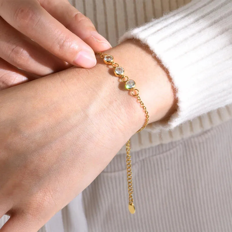 Three Diamond  Style Water Droplets 201 Stainless Steel 18K Gold Plated Zircon Bracelet