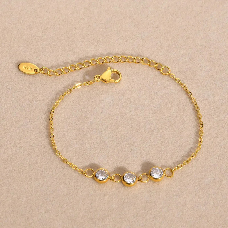 Three Diamond  Style Water Droplets 201 Stainless Steel 18K Gold Plated Zircon Bracelet