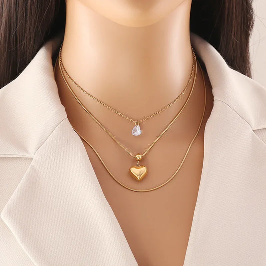 Heart Gem Heart Pendant 18K Gold Plated 304 Stainless Steel Necklace