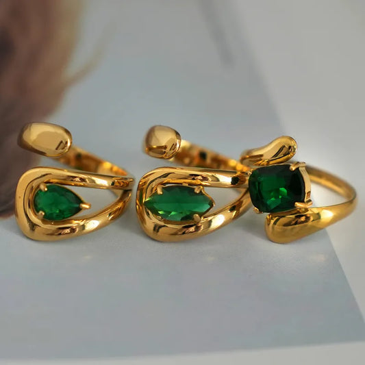 Baccarite Green Elegant Solid Color 304 Stainless Steel 18K Gold Plated Open Ring