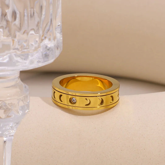 Moon and Star Sparkly 304 Stainless Steel 18K Gold Plated Plating Ring