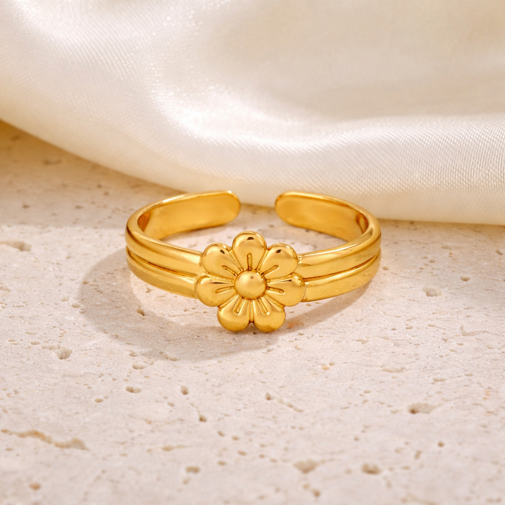18K Gold Plated Flower 304 Stainless Steel  Non Tarnish Adjustable  Ring