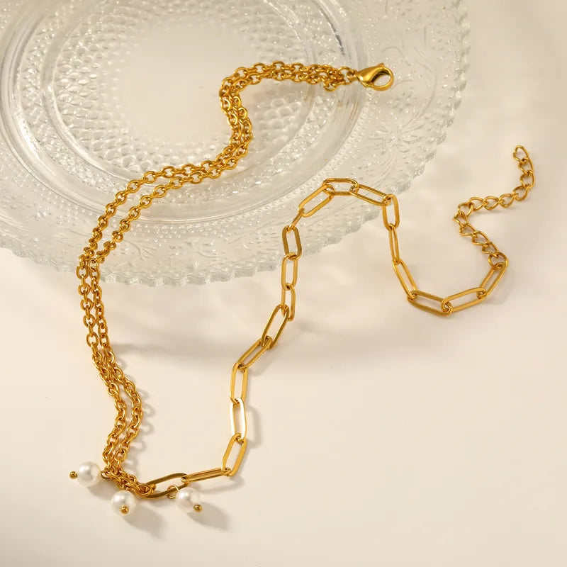 Pearl Paperclip 201 Stainless Steel 18K Gold Plated Necklace