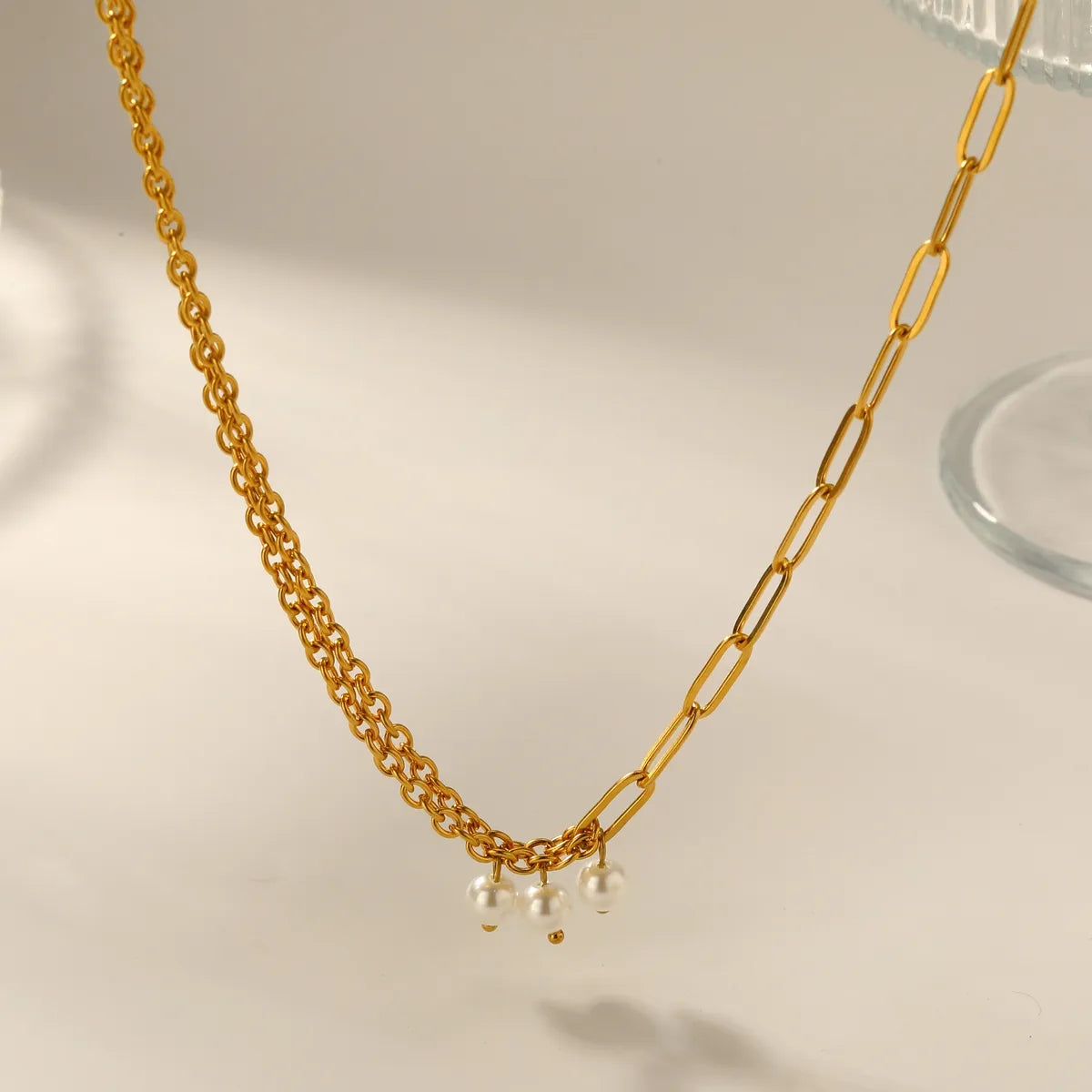 Pearl Paperclip 201 Stainless Steel 18K Gold Plated Necklace