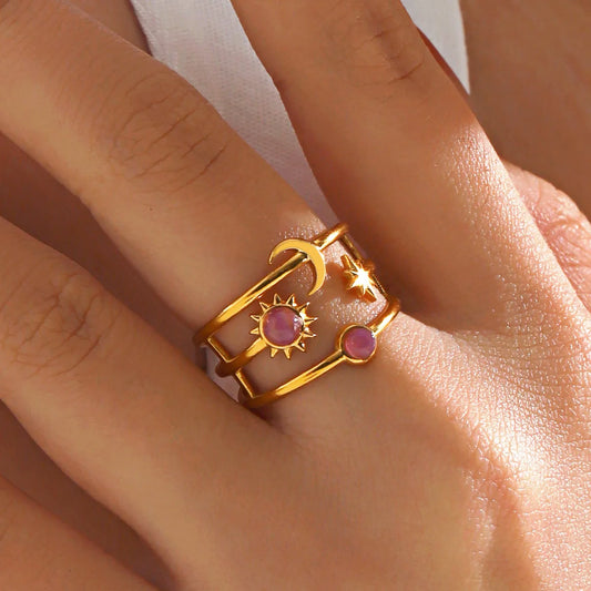 Sun Star Moon 304 Stainless Steel Resin 18K Gold Plated Plating Inlay Open Ring