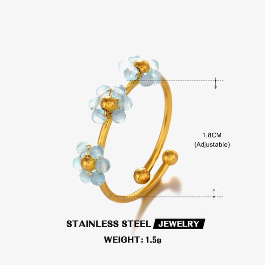 Blue Triple Flowered 18K Gold Plated 304 Stainless Steel Ring