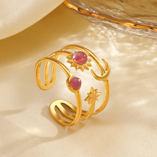Sun Star Moon 304 Stainless Steel Resin 18K Gold Plated Plating Inlay Open Ring