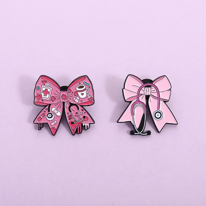 Bright Pink (ONLY) Doctor Nurse Stethoscope Pin Badge Pink Bow Tie Pin