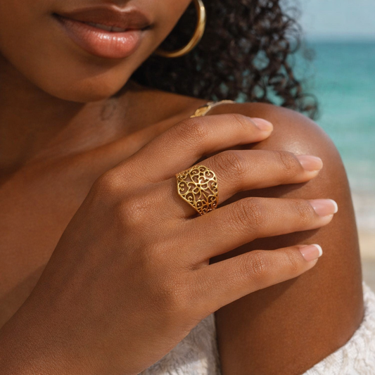 Flower 18K Gold Plated 304 Stainless Steel Open Ring