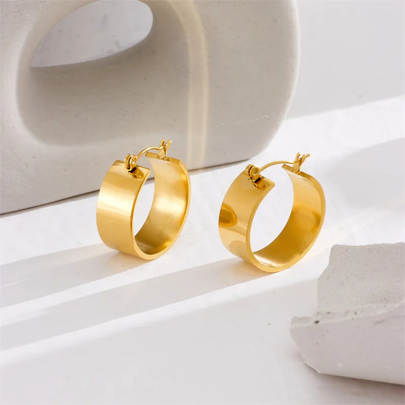 Thick Golden 18K Gold Plated 304 Stainless Steel Hoop Earrings