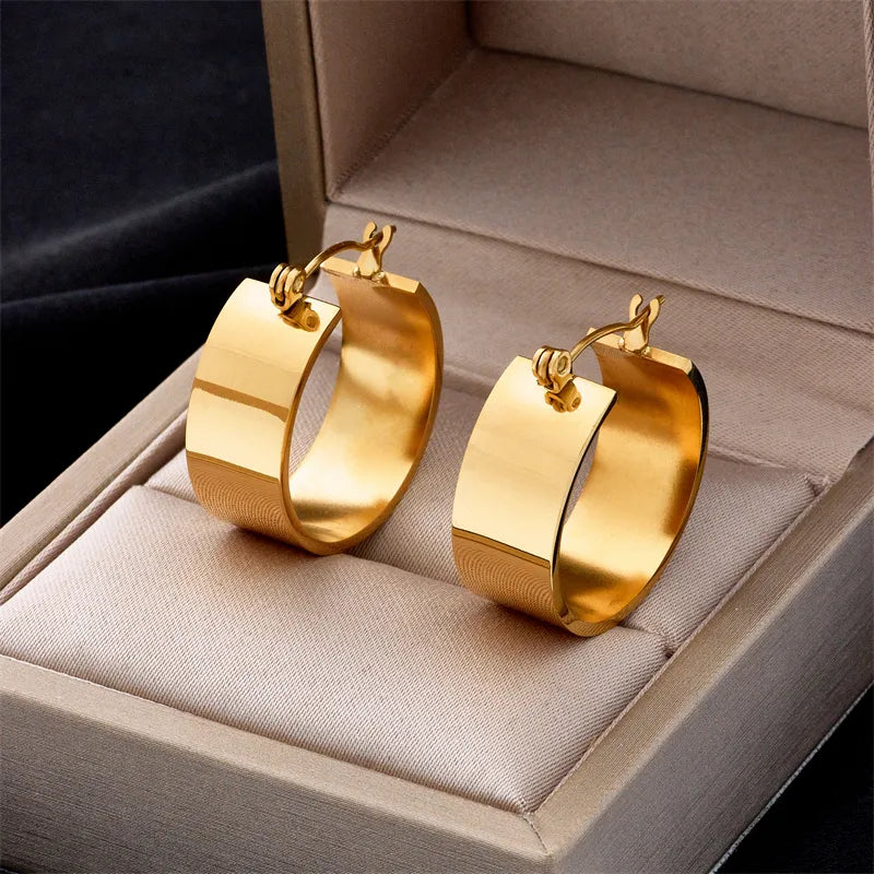Thick Golden 18K Gold Plated 304 Stainless Steel Hoop Earrings