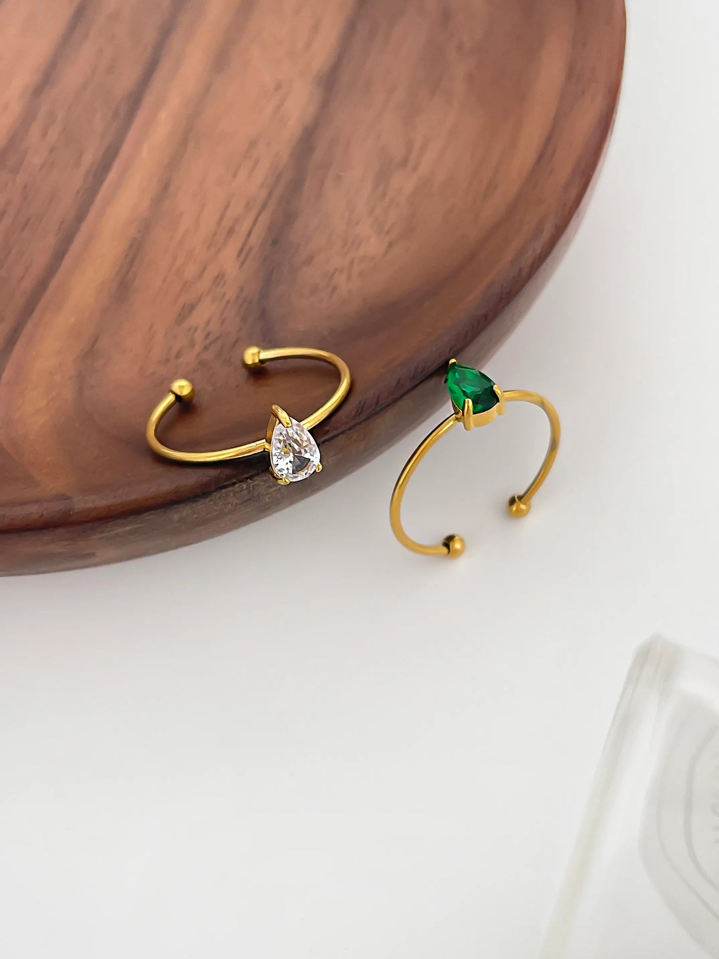 Classic Style Water Droplets 316L Stainless Steel Rhinestones 18K Gold Plated Inlay Open Rings