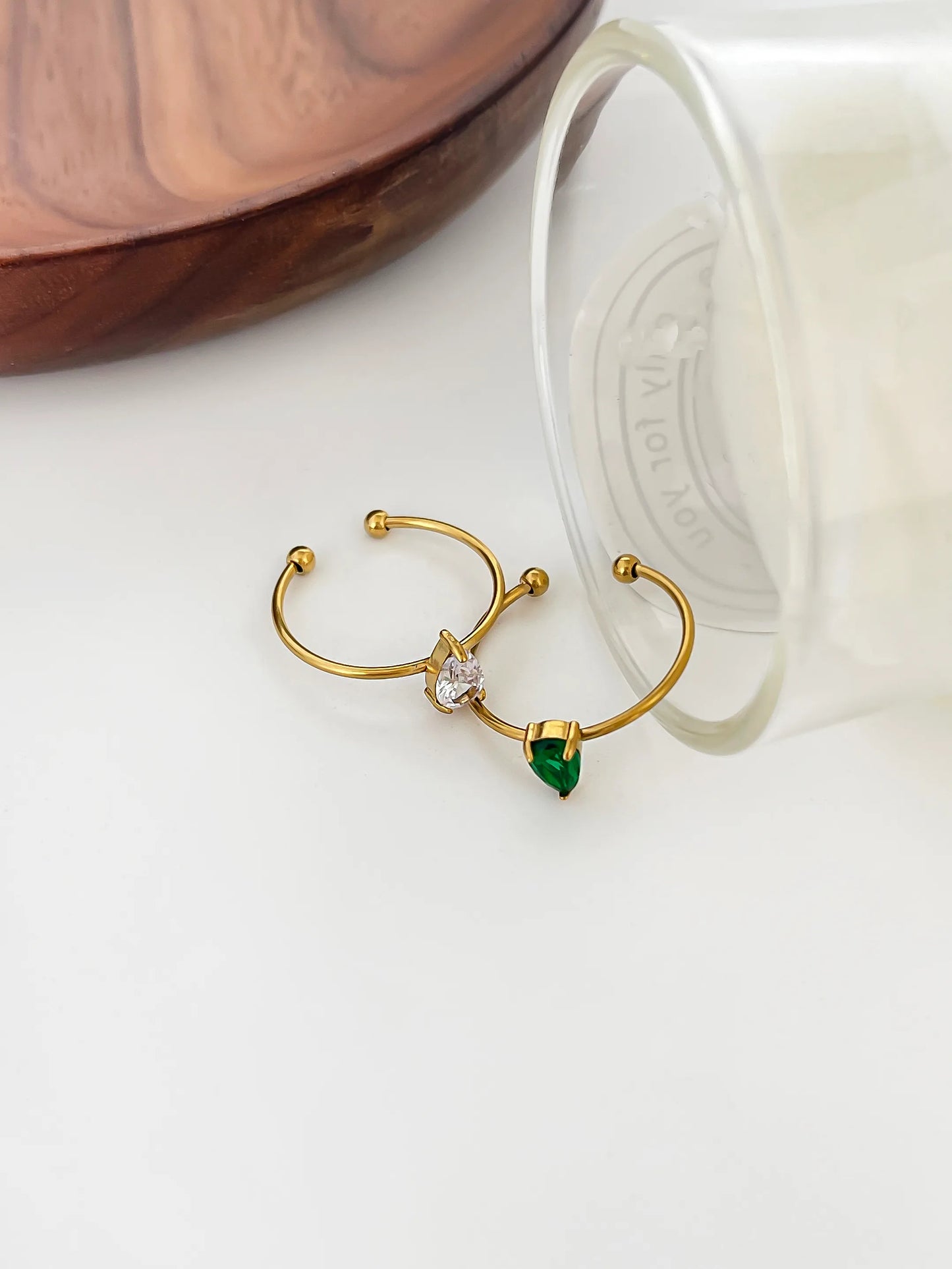 Classic Style Water Droplets 316L Stainless Steel Rhinestones 18K Gold Plated Inlay Open Rings