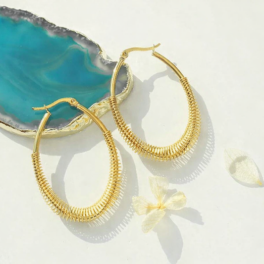 Unique Banded 18K Gold Plated 304 Stainless Steel Hoop Earring