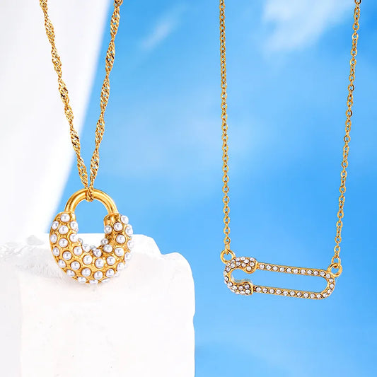 Shiny Paper Clip 304 Stainless Steel Artificial Pearls Rhinestones 18K Gold Plated Inlay Cable Chain Pendant Necklace