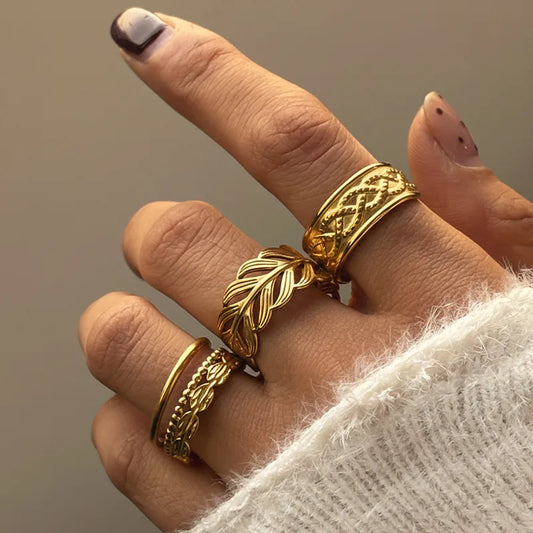 Patterned Adjustable 18K 304 Stainless Steel Gold Plated Rings ( 3Pcs )