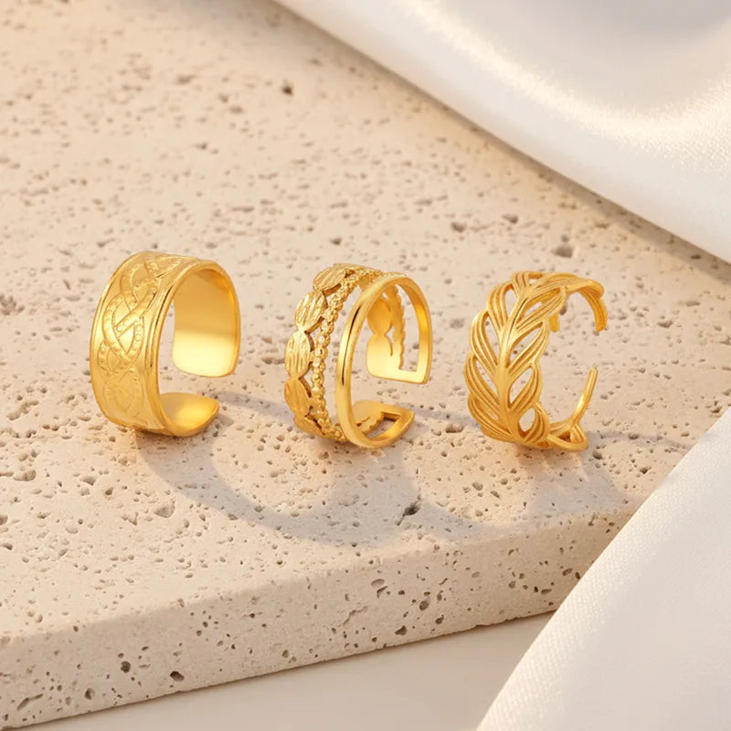 Patterned Adjustable 18K 304 Stainless Steel Gold Plated Rings ( 3Pcs )