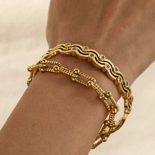 Waves Bangle 18K Real Gold Plated PVD Zircon 304 Stainless Steel Bracelet