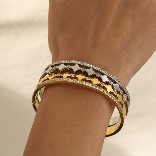 Flower 18K Gold Plated And Zircon 304 Stainless Steel Bangle