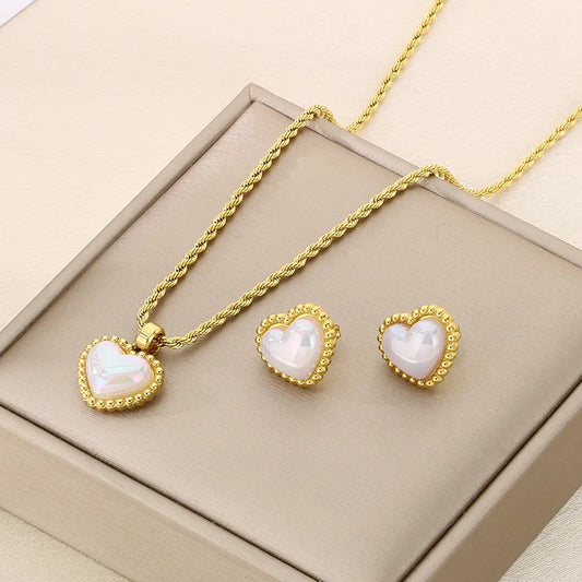 Heart Shape 304 Stainless Steel 18K Gold Plated Hemp Flowers Chain Jewelry Set