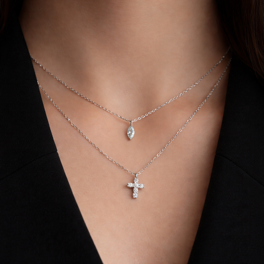 Zirconia Cross Layered Silver Stainless Steel Necklace