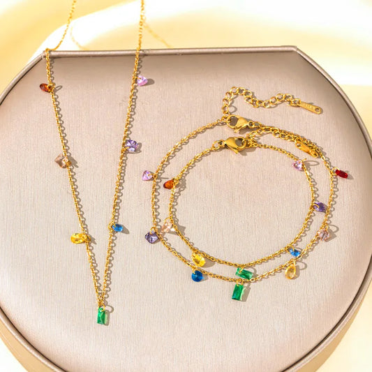 Colored Gems 18K Gold Plated 304 Stainless Steel Bracelet Necklace