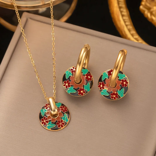 Black Sapphire 18K Gd Plated 304 Stainless Steel Necklace Set