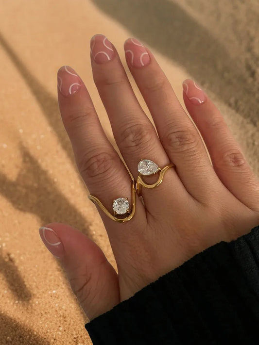 Romantic Shiny Round Water Droplets 316L Stainless Steel Zircon 18K Gold Plated Inlay Ring