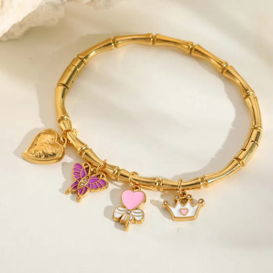 Pink Butterfly Charms 304 Stainless Steel 18K Gold Plated Zircon Bangle