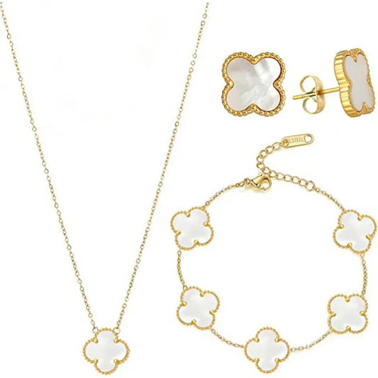 Romantic Classic Style Four Leaf Clover 316L Stainless Steel Shell 18K Gold Plated Patchwork Jewelry Set