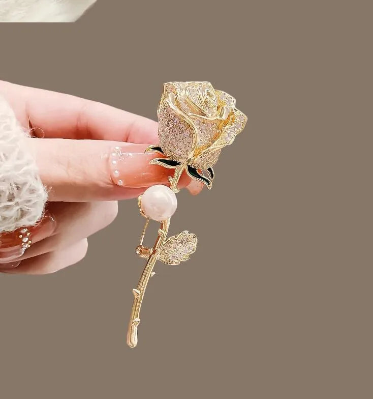 Large Size Metal Pearl Rose Brooch Pin