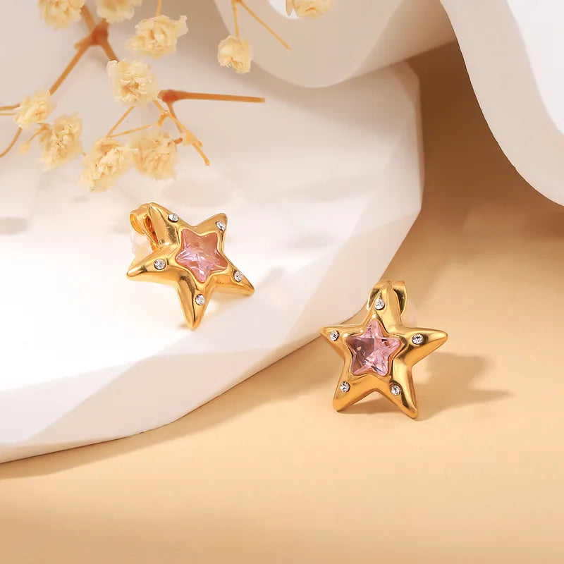 Star Pink Gem 18K Gold Plated 304 Stainless Steel Stud