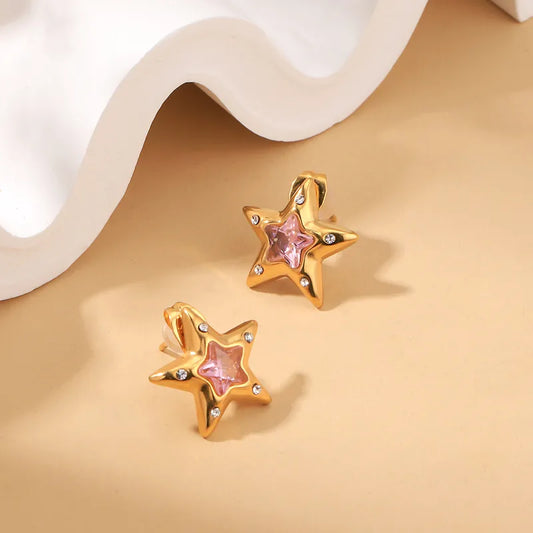 Star Pink Gem 18K Gold Plated 304 Stainless Steel Stud