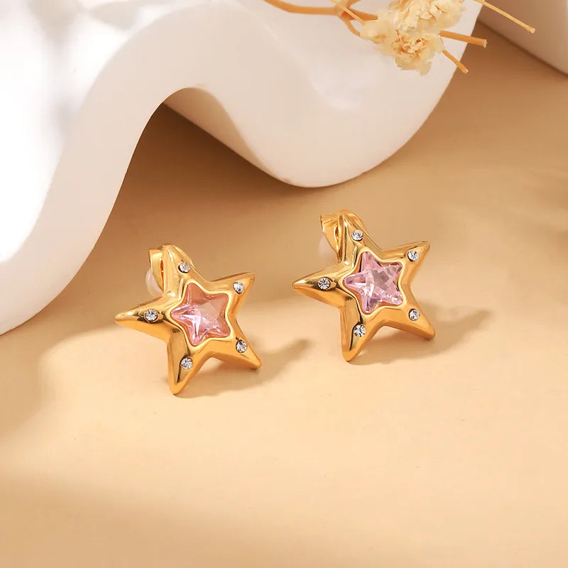 Star Pink Gem 18K Gold Plated 304 Stainless Steel Stud
