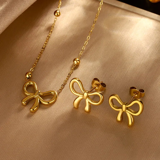 Sweet Bow Classic Style Streetwear Bow Knot 304 Stainless Steel 18K Gold Plated Jewelry Set
