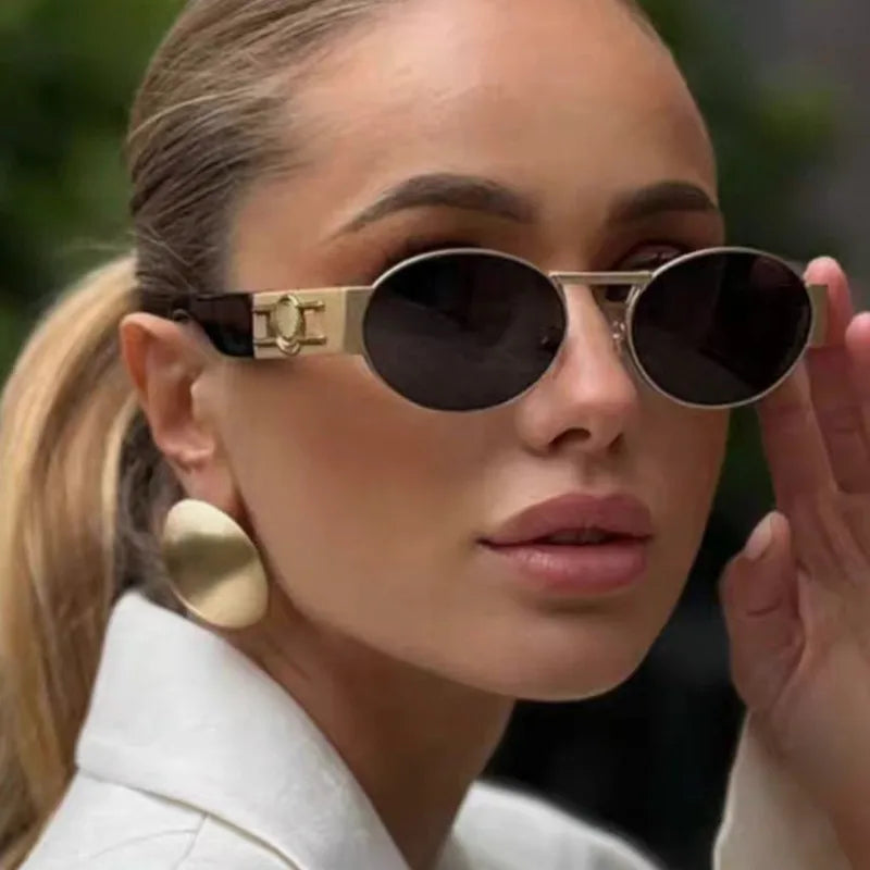 Retro Oval Mini Frame Sunglasses UV Protection Gold And Black Sun Glasses