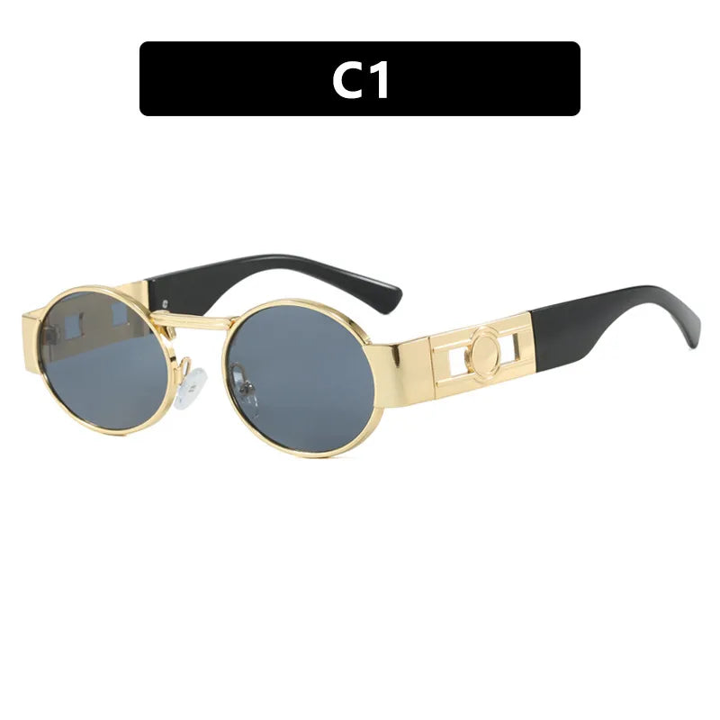 Retro Oval Mini Frame Sunglasses UV Protection Gold And Black Sun Glasses