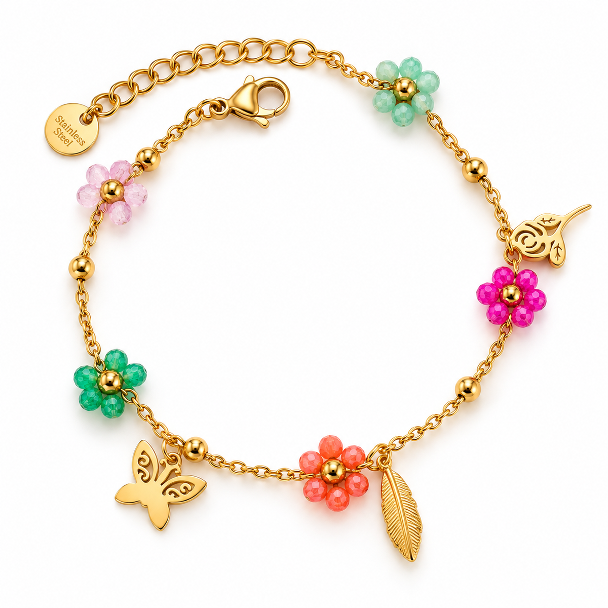 Butterfly Feather Charm 18K Gold Plated 304 Stainless Steel Bracelet