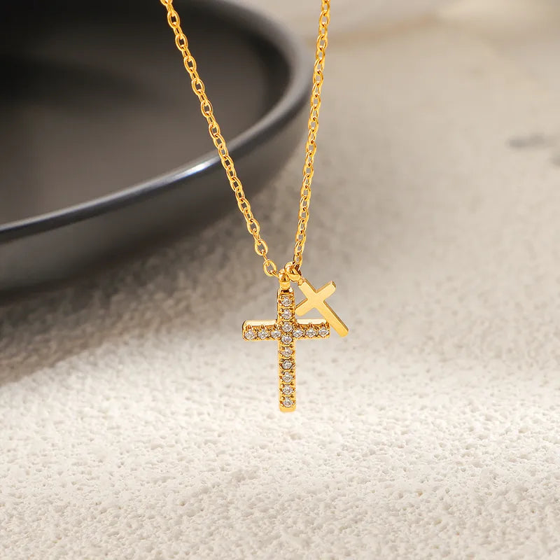 Double Cross Dangling 18K Gold Plated 304 Stainless Steel Necklace