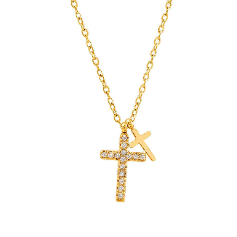 Double Cross Dangling 18K Gold Plated 304 Stainless Steel Necklace